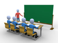 3d person teaching a class. Blackboard is empty for you to add whatever you like.