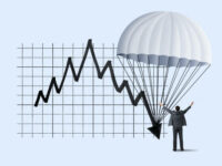 A man cheers as he sees a parachute attached to a falling arrow on a stock chart illustrating the concept of an economic soft landing.